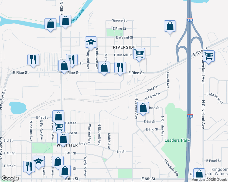 map of restaurants, bars, coffee shops, grocery stores, and more near 1503-1899 East Ivy Place in Sioux Falls