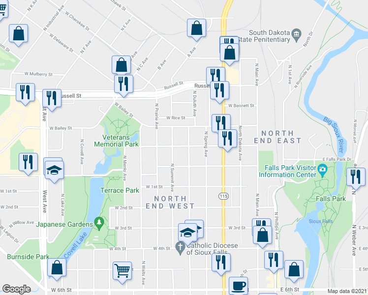 map of restaurants, bars, coffee shops, grocery stores, and more near 1029 North Duluth Avenue in Sioux Falls