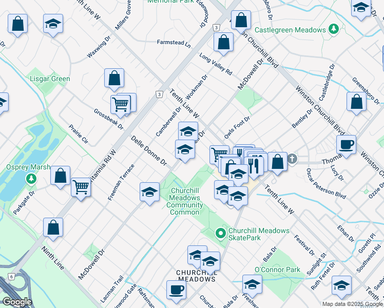 map of restaurants, bars, coffee shops, grocery stores, and more near 5860 Terrapark Trail in Mississauga