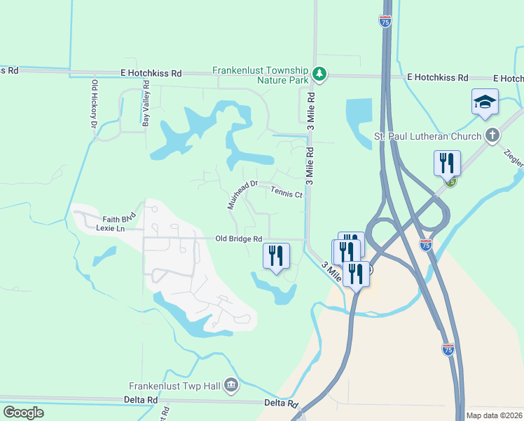 map of restaurants, bars, coffee shops, grocery stores, and more near 6210 Tennis Court in Bay City