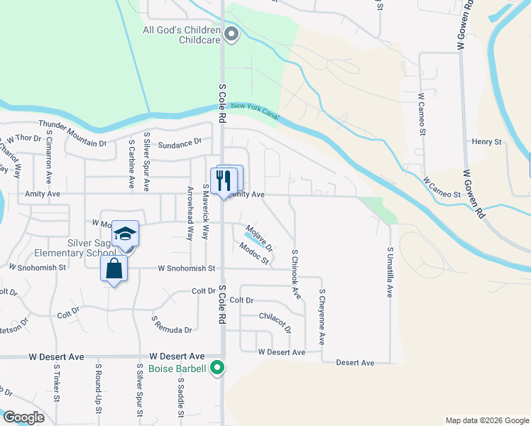 map of restaurants, bars, coffee shops, grocery stores, and more near 4701 South Cochees Avenue in Boise