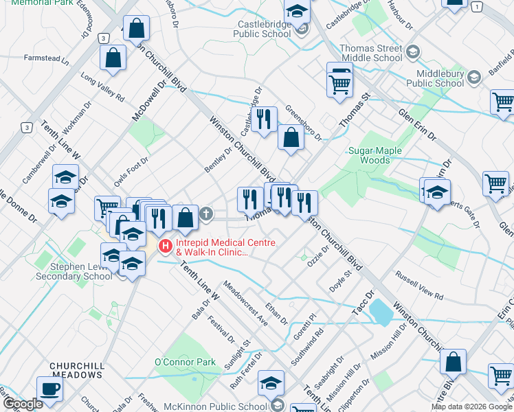 map of restaurants, bars, coffee shops, grocery stores, and more near 3055 Thomas Street in Mississauga