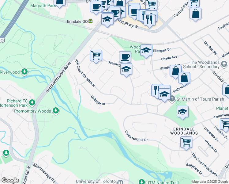 map of restaurants, bars, coffee shops, grocery stores, and more near 3469 The Credit Woodlands in Mississauga