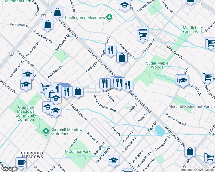 map of restaurants, bars, coffee shops, grocery stores, and more near 3055 Thomas Street in Mississauga