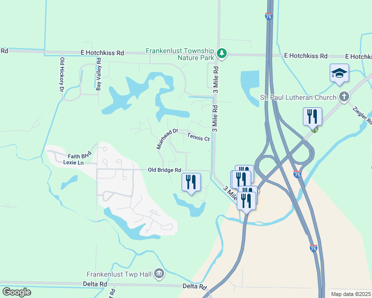 map of restaurants, bars, coffee shops, grocery stores, and more near 6210 Tennis Court in Bay City