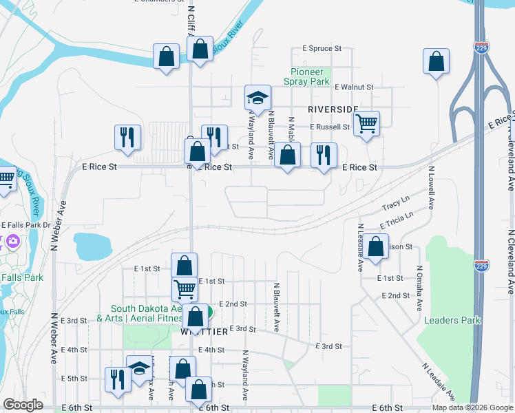 map of restaurants, bars, coffee shops, grocery stores, and more near 1400 East Iris Place in Sioux Falls