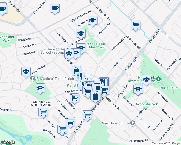 map of restaurants, bars, coffee shops, grocery stores, and more near 1055 B Forestwood Drive in Mississauga