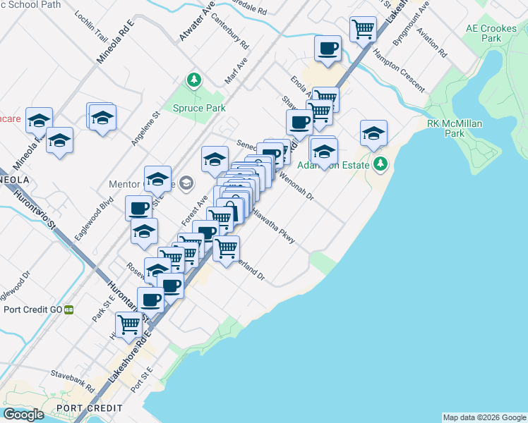 map of restaurants, bars, coffee shops, grocery stores, and more near 9 Hiawatha Parkway in Mississauga