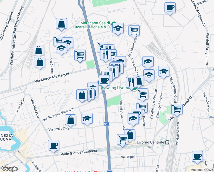 map of restaurants, bars, coffee shops, grocery stores, and more near 19 Via San Matteo in Livorno