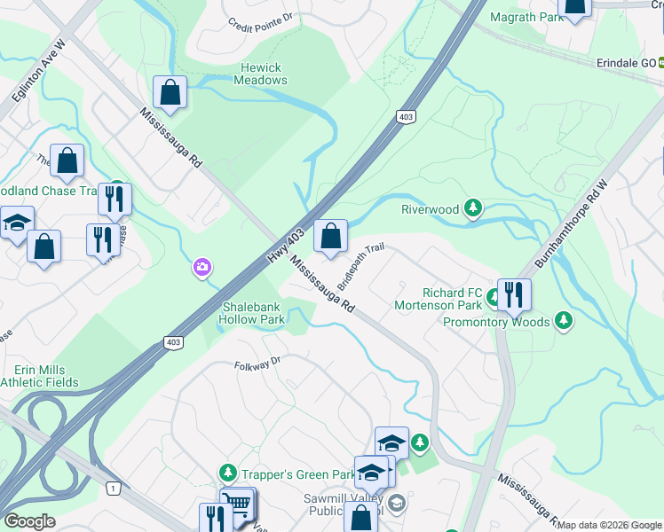 map of restaurants, bars, coffee shops, grocery stores, and more near 1756 Bridewell Court in Mississauga