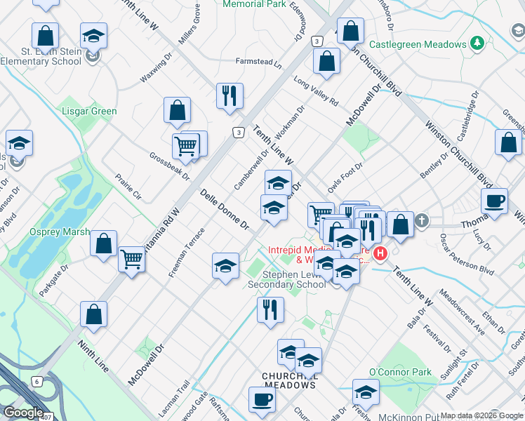 map of restaurants, bars, coffee shops, grocery stores, and more near 3292 Ridgeleigh Heights in Mississauga