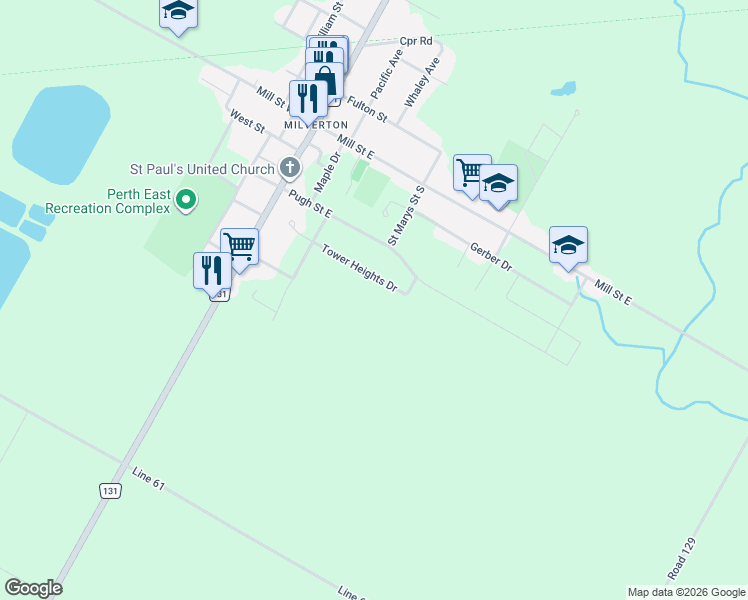 map of restaurants, bars, coffee shops, grocery stores, and more near 33 Tower Heights Drive in Milverton