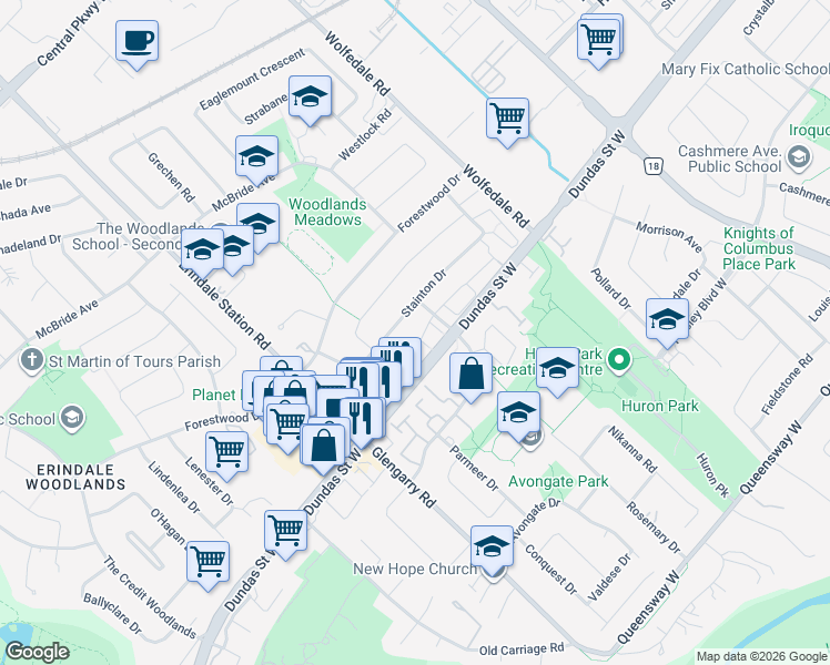 map of restaurants, bars, coffee shops, grocery stores, and more near 3020 Cedarglen Gate in Mississauga