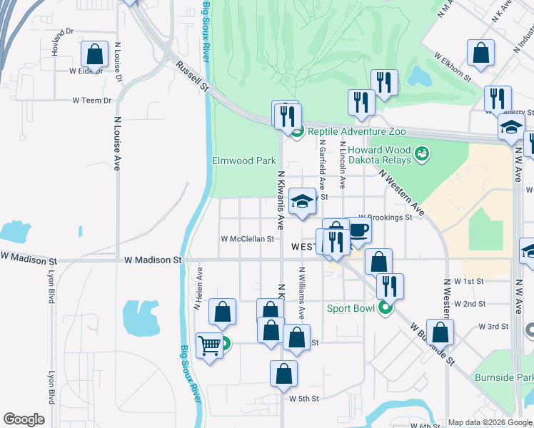 map of restaurants, bars, coffee shops, grocery stores, and more near 2601-2699 West Brookings Street in Sioux Falls