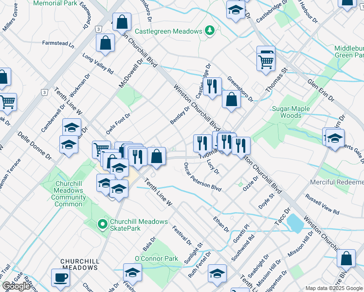 map of restaurants, bars, coffee shops, grocery stores, and more near 5705 Long Valley Road in Mississauga
