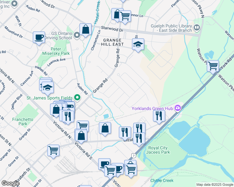 map of restaurants, bars, coffee shops, grocery stores, and more near 107 Cedarvale Avenue in Guelph