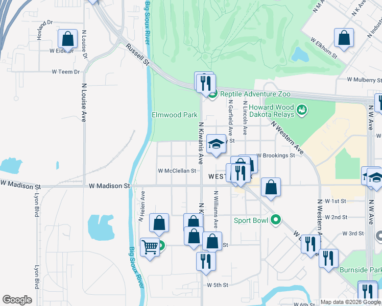 map of restaurants, bars, coffee shops, grocery stores, and more near 2601-2699 West Brookings Street in Sioux Falls