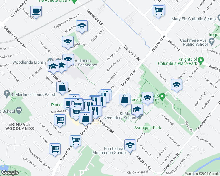 map of restaurants, bars, coffee shops, grocery stores, and more near 3020 Cedarglen Gate in Mississauga