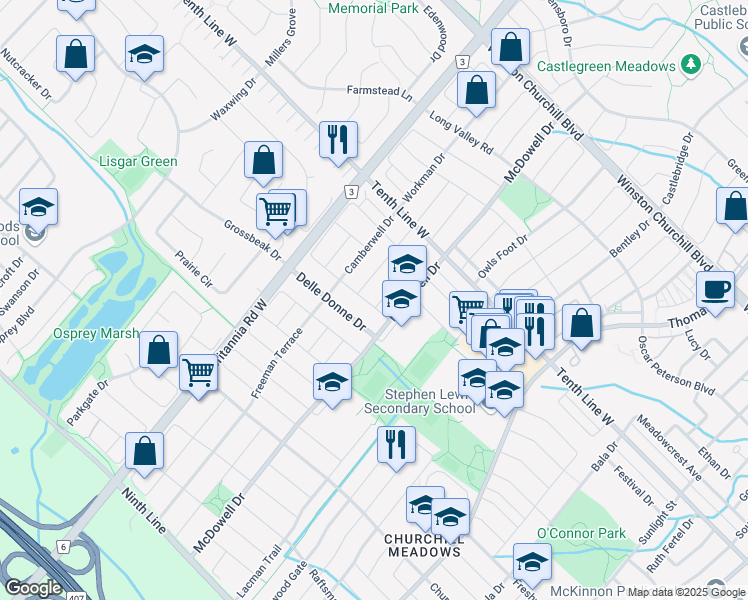 map of restaurants, bars, coffee shops, grocery stores, and more near 3299 Ridgeleigh Heights in Mississauga