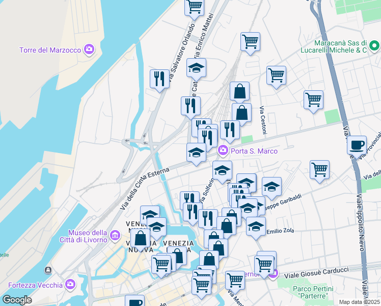 map of restaurants, bars, coffee shops, grocery stores, and more near 4 Via delle Cateratte in Livorno