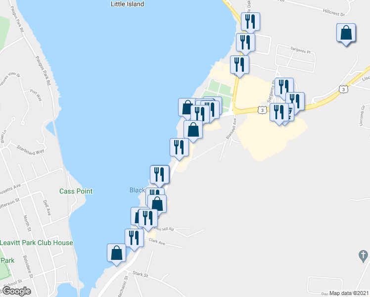 map of restaurants, bars, coffee shops, grocery stores, and more near 1321 Union Avenue in Laconia
