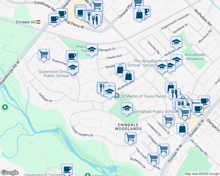 map of restaurants, bars, coffee shops, grocery stores, and more near 3352 Ellengale Drive in Mississauga
