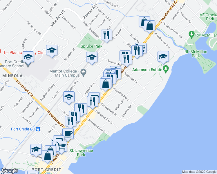 map of restaurants, bars, coffee shops, grocery stores, and more near 272 Lakeshore Road East in Mississauga