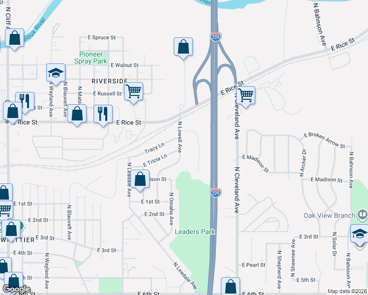 map of restaurants, bars, coffee shops, grocery stores, and more near 1104 North Lowell Avenue in Sioux Falls