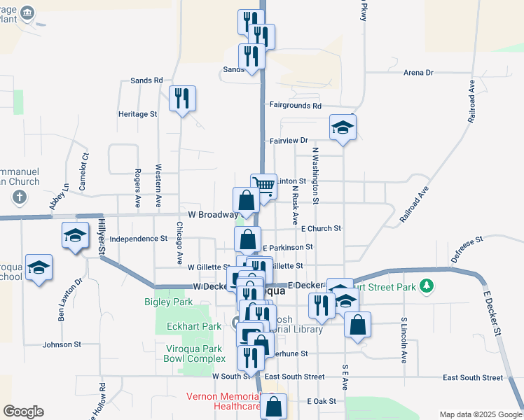 map of restaurants, bars, coffee shops, grocery stores, and more near 520 North Main Street in Viroqua