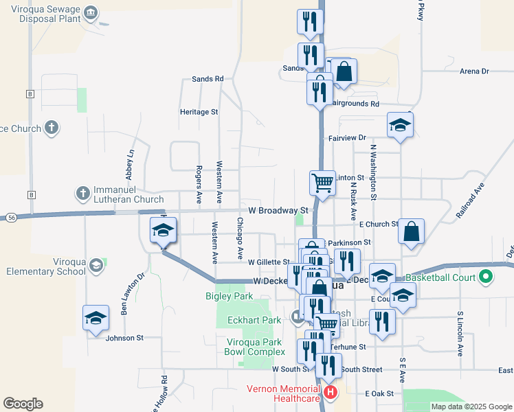 map of restaurants, bars, coffee shops, grocery stores, and more near 305 West Broadway Street in Viroqua