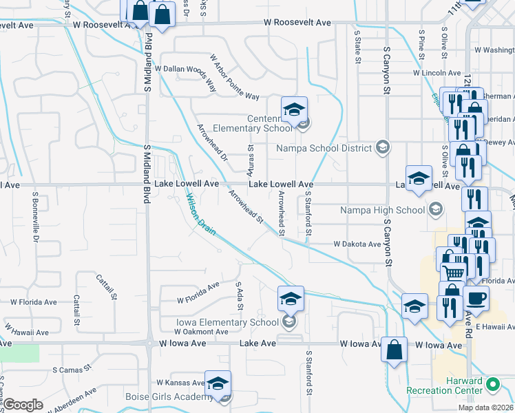 map of restaurants, bars, coffee shops, grocery stores, and more near 719 Arrowhead Drive in Nampa