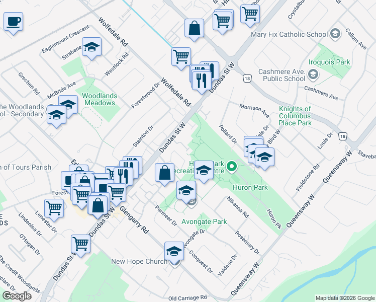 map of restaurants, bars, coffee shops, grocery stores, and more near 900 Dundas Street West in Mississauga