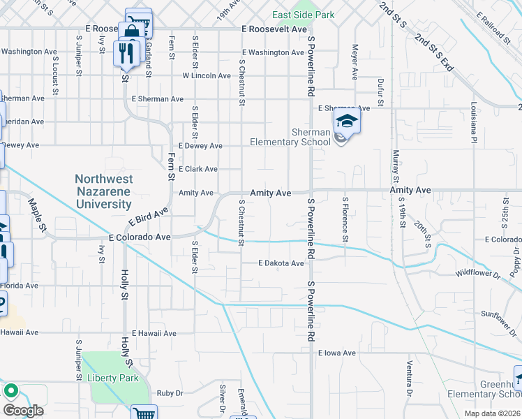 map of restaurants, bars, coffee shops, grocery stores, and more near 830 South Chestnut Street in Nampa