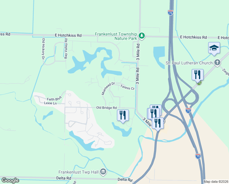 map of restaurants, bars, coffee shops, grocery stores, and more near 6210 Tennis Court in Bay City
