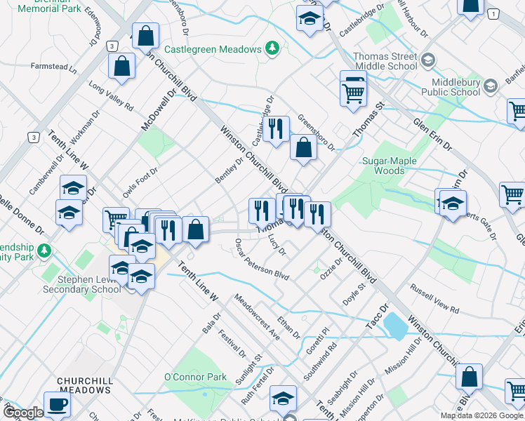 map of restaurants, bars, coffee shops, grocery stores, and more near 5650 Winston Churchill Boulevard in Mississauga