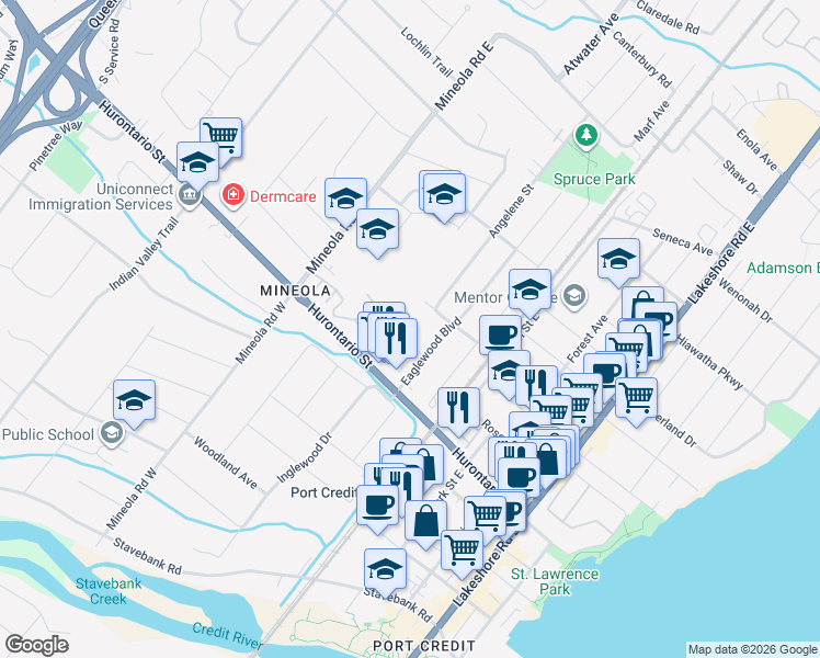 map of restaurants, bars, coffee shops, grocery stores, and more near in Mississauga