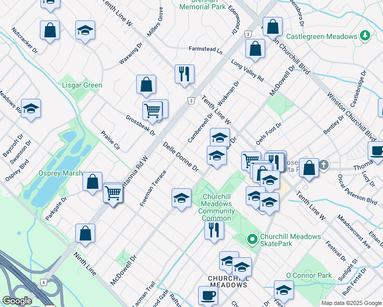 map of restaurants, bars, coffee shops, grocery stores, and more near 5882 Delle Donne Drive in Mississauga