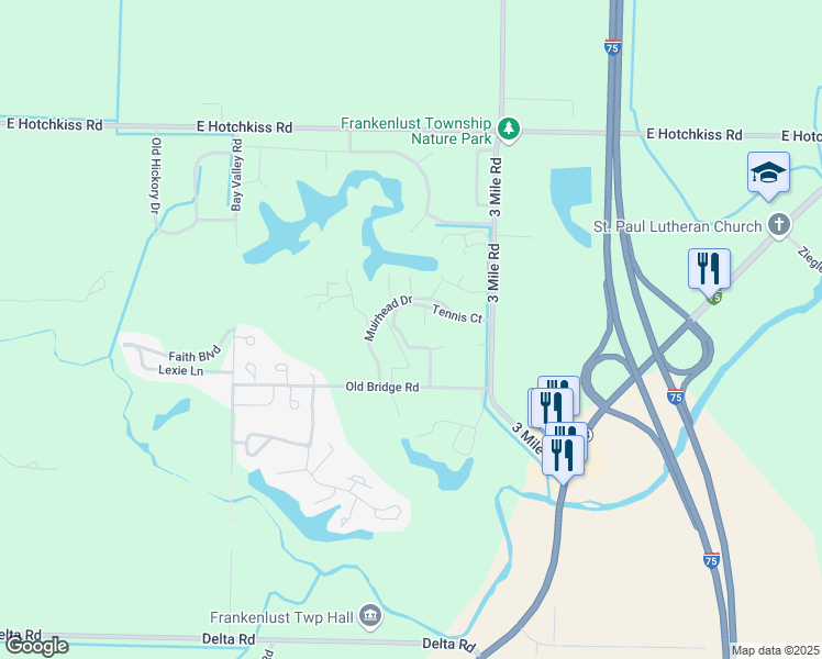 map of restaurants, bars, coffee shops, grocery stores, and more near 6210 Tennis Court in Bay City