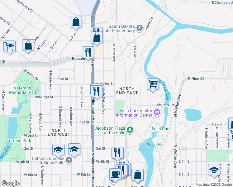 map of restaurants, bars, coffee shops, grocery stores, and more near 1030 North Main Avenue in Sioux Falls
