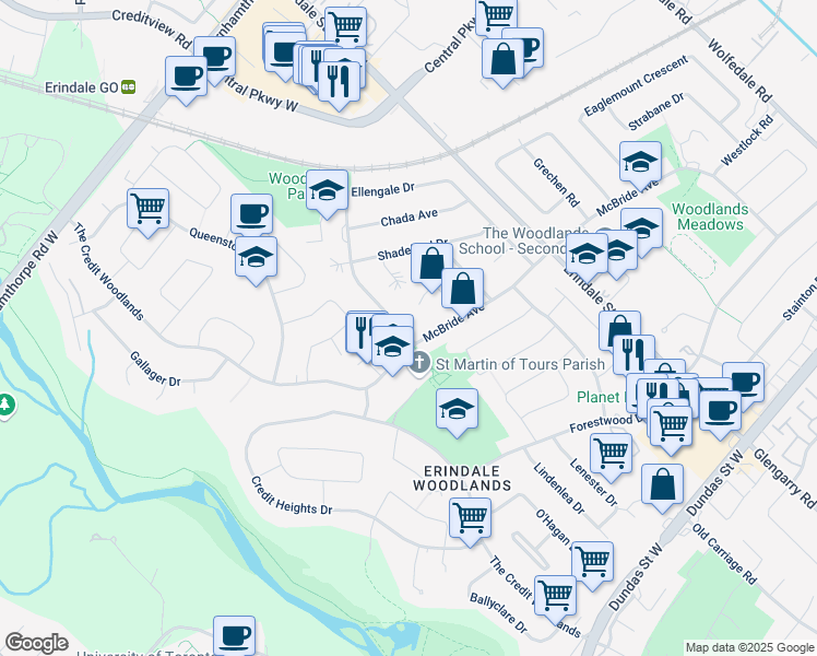 map of restaurants, bars, coffee shops, grocery stores, and more near 3347 Ellengale Drive in Mississauga