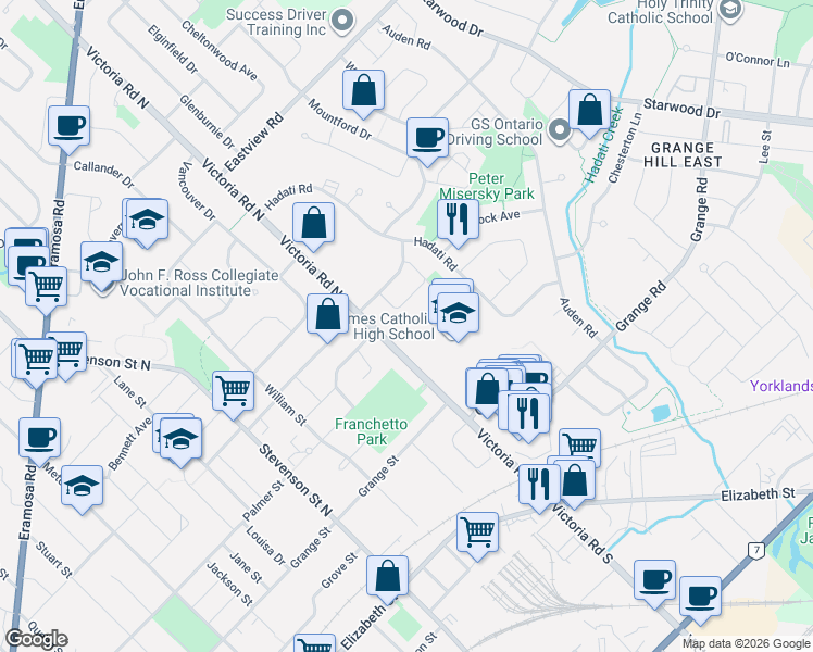 map of restaurants, bars, coffee shops, grocery stores, and more near 77 Victoria Road North in Guelph