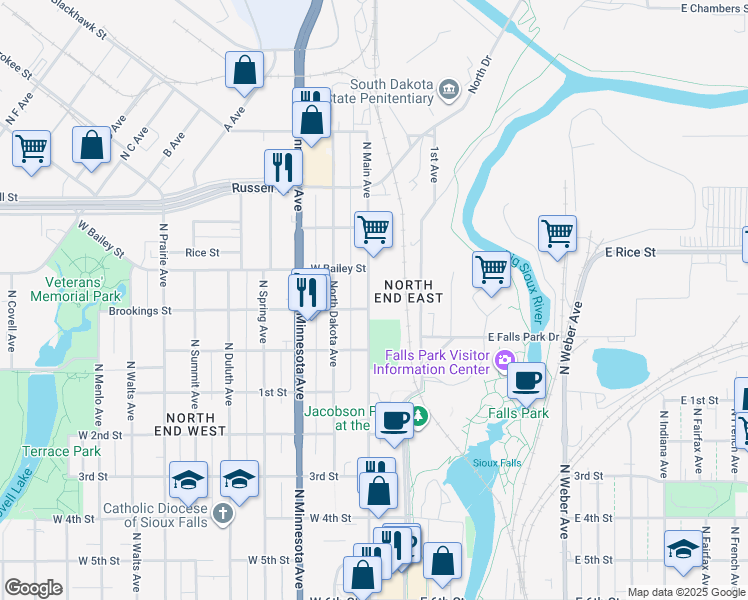 map of restaurants, bars, coffee shops, grocery stores, and more near 1030 North Main Avenue in Sioux Falls