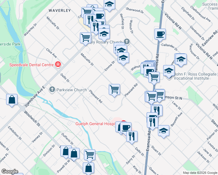 map of restaurants, bars, coffee shops, grocery stores, and more near 31 Sunnylea Crescent in Guelph