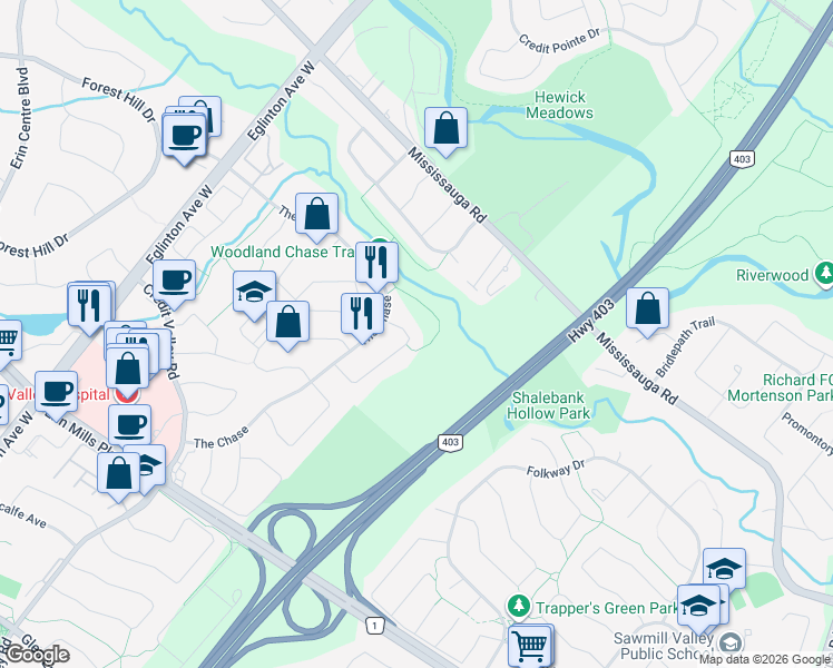 map of restaurants, bars, coffee shops, grocery stores, and more near 1944 Aldermead Road in Mississauga