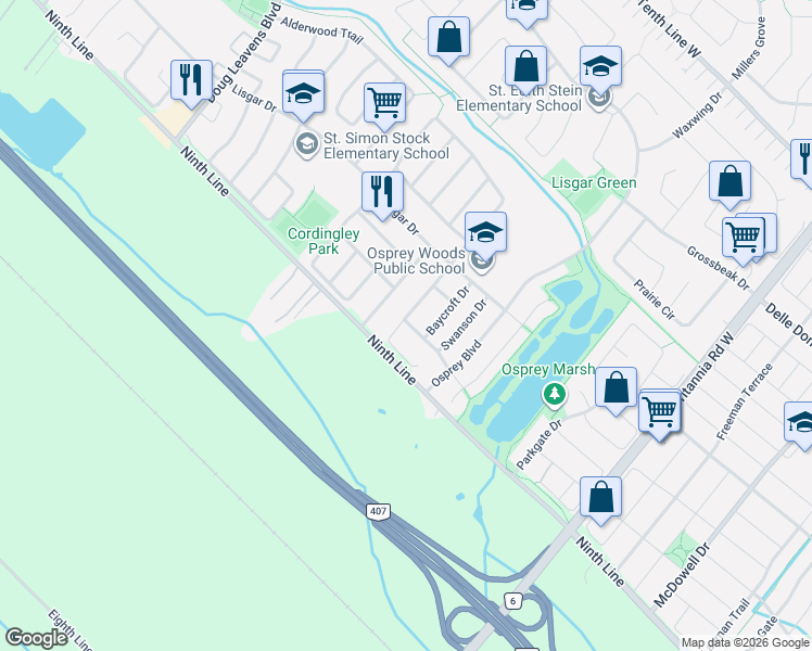 map of restaurants, bars, coffee shops, grocery stores, and more near 6262 Miriam Way in Mississauga
