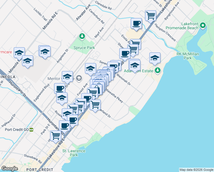 map of restaurants, bars, coffee shops, grocery stores, and more near in Mississauga