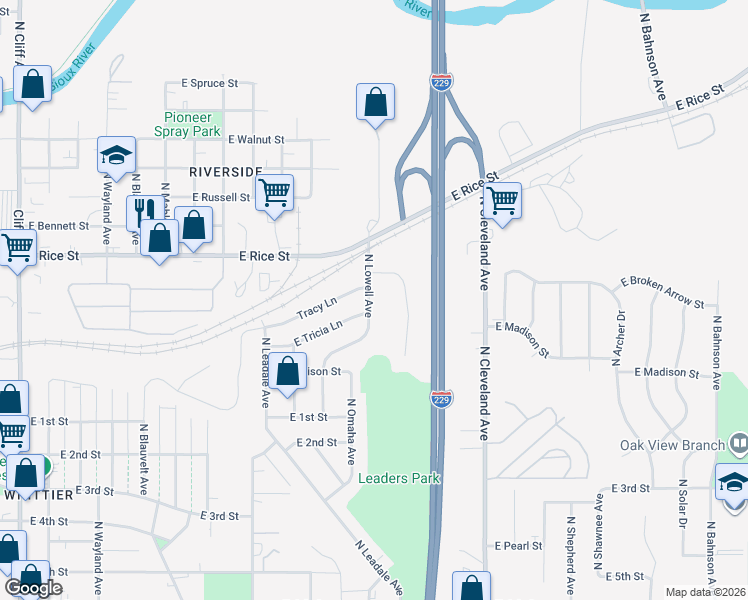 map of restaurants, bars, coffee shops, grocery stores, and more near 1104 North Lowell Avenue in Sioux Falls