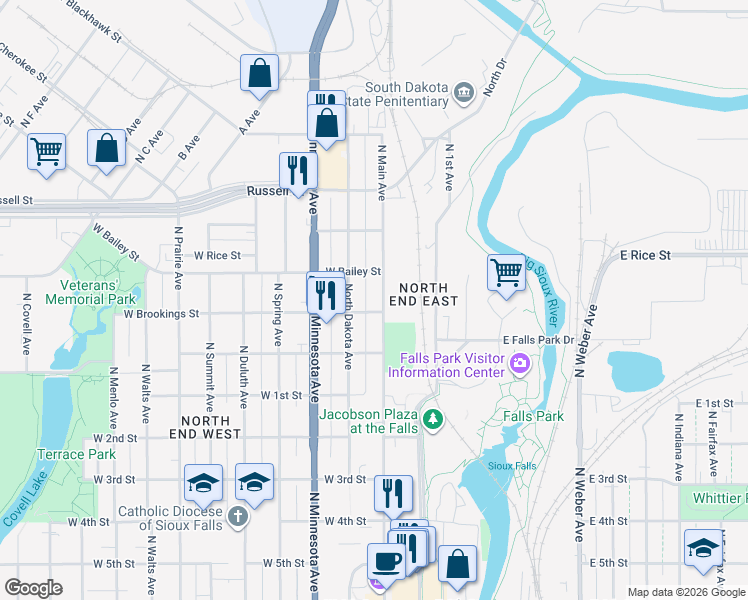 map of restaurants, bars, coffee shops, grocery stores, and more near 1008 North Dakota Avenue in Sioux Falls