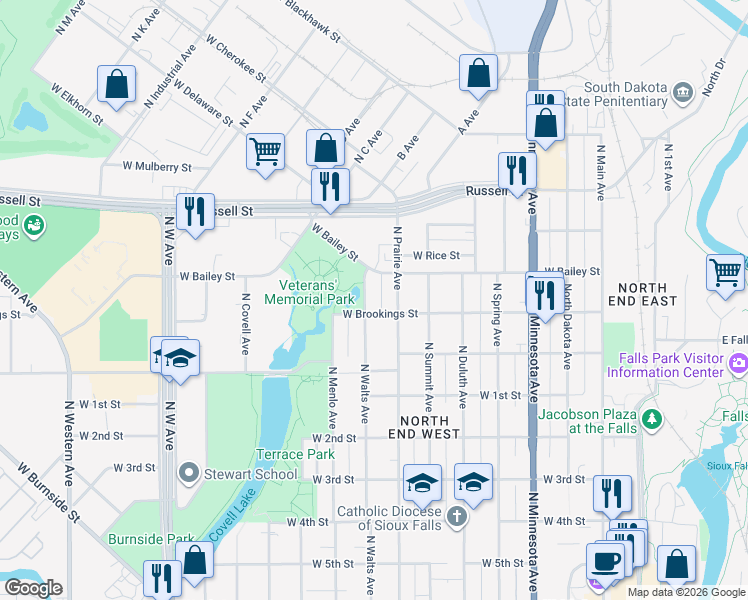 map of restaurants, bars, coffee shops, grocery stores, and more near 815 West Brookings Street in Sioux Falls