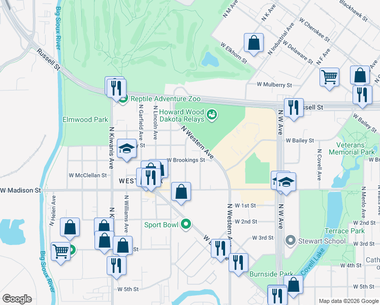 map of restaurants, bars, coffee shops, grocery stores, and more near 2009 West Brookings Street in Sioux Falls